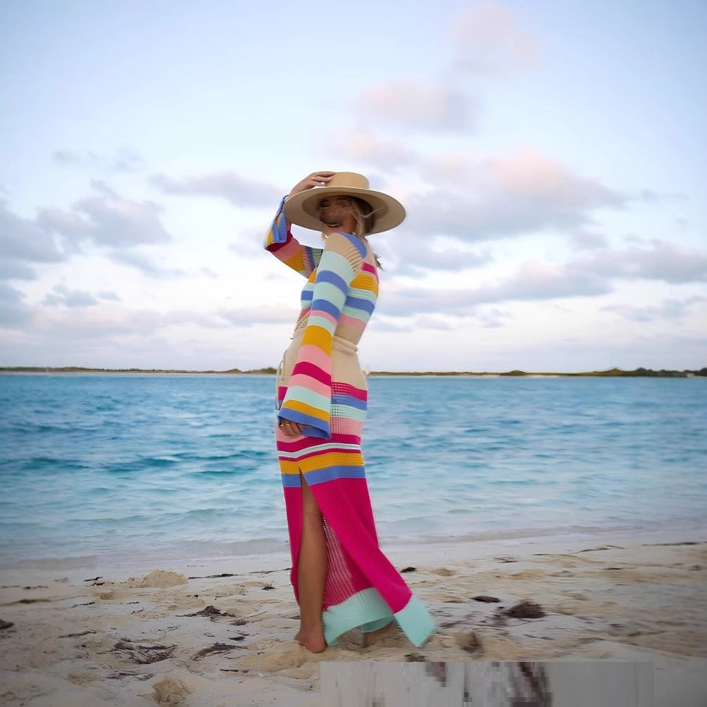 Sexy Beach Dress Striped Colored Pullover Knitted Dress