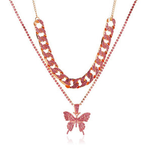 Alpcamers Double Layer Cuban Necklace Full Of Diamonds With Large Butterflies
