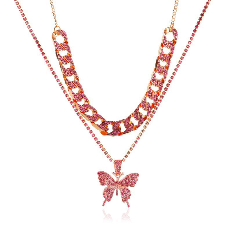 Alpcamers Double Layer Cuban Necklace Full Of Diamonds With Large Butterflies