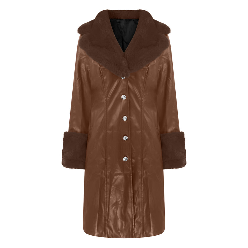 Lapel Long Coat Fur Collar Temperament Zipper Women PU Jacket