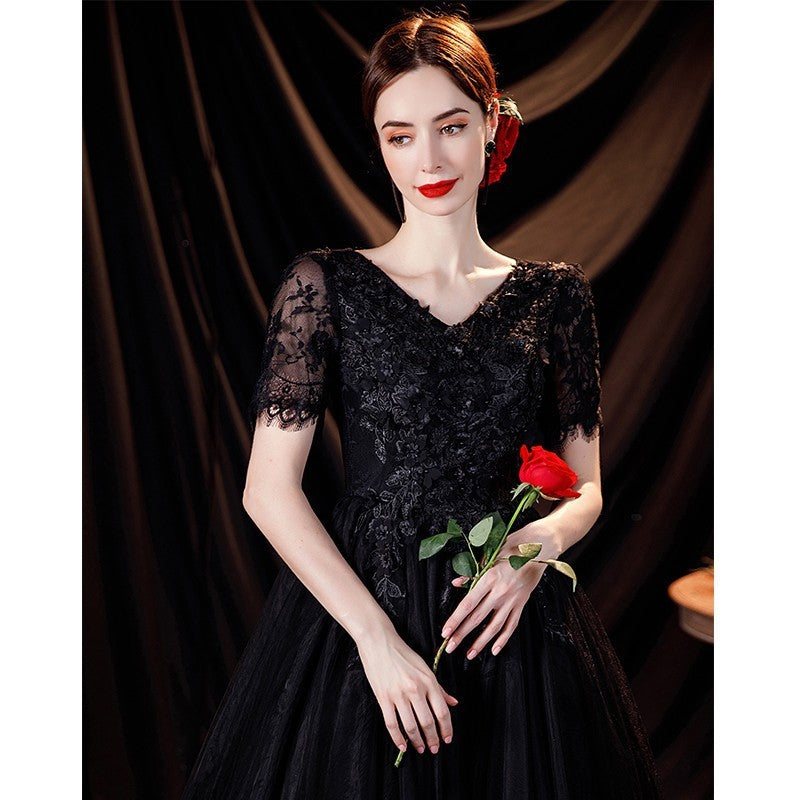Elegant Black Deep V-neck Evening Long-sleeve Wedding Dress