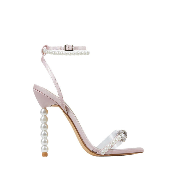 Square Toe Stiletto Heel Heels Rhinestone Bow Pearl Strap Large Size Women's Shoes
