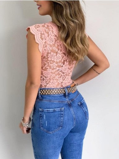 V Neck Lace Vest Top Sleeveless Solid Wire Free Tops