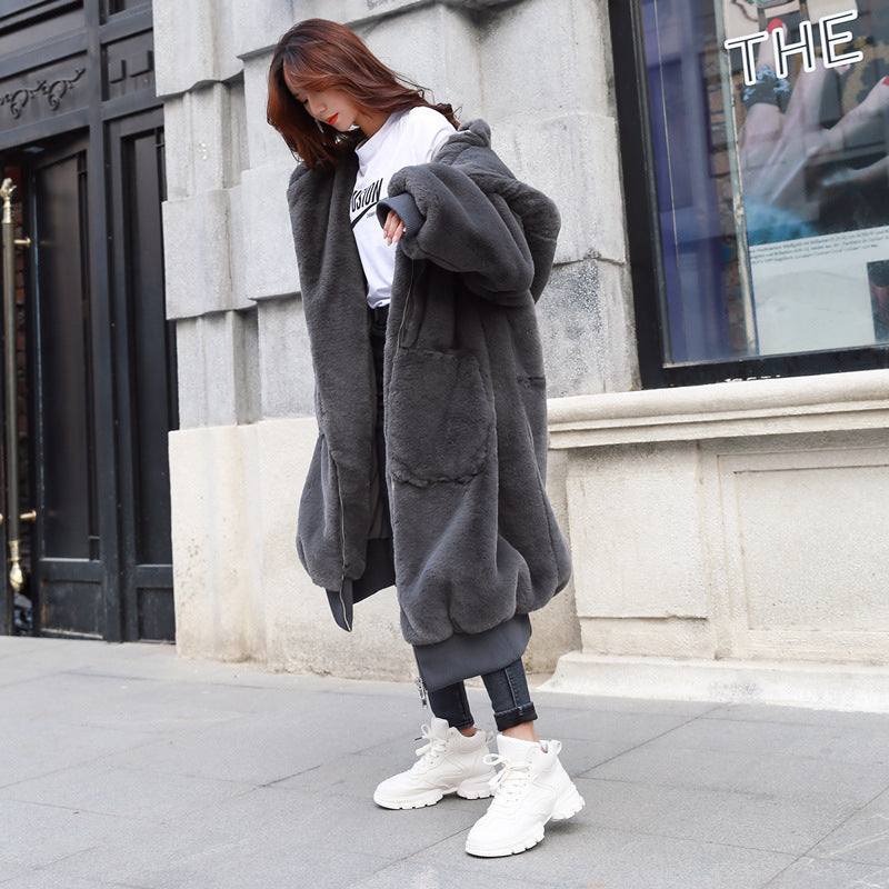 Rex Rabbit Fur Thickened Long Hooded Fur Coat Women
