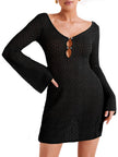 Saodimallsu Womens Crochet Swimsuit Coverup Summer Sexy V Neck Long Bell Sleeve Mesh Knit Bikini Cover Ups Beach Dresses