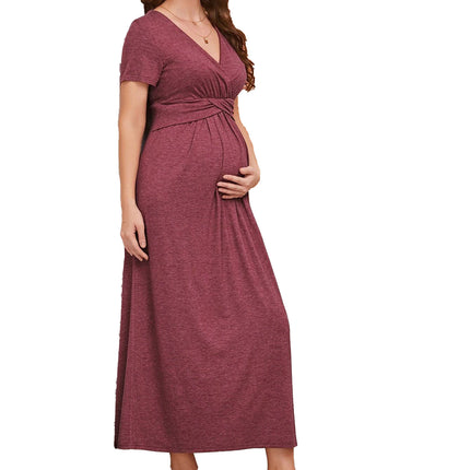 Red Long Skirt Short Sleeve Maternity Dress Breastfeeding Dress