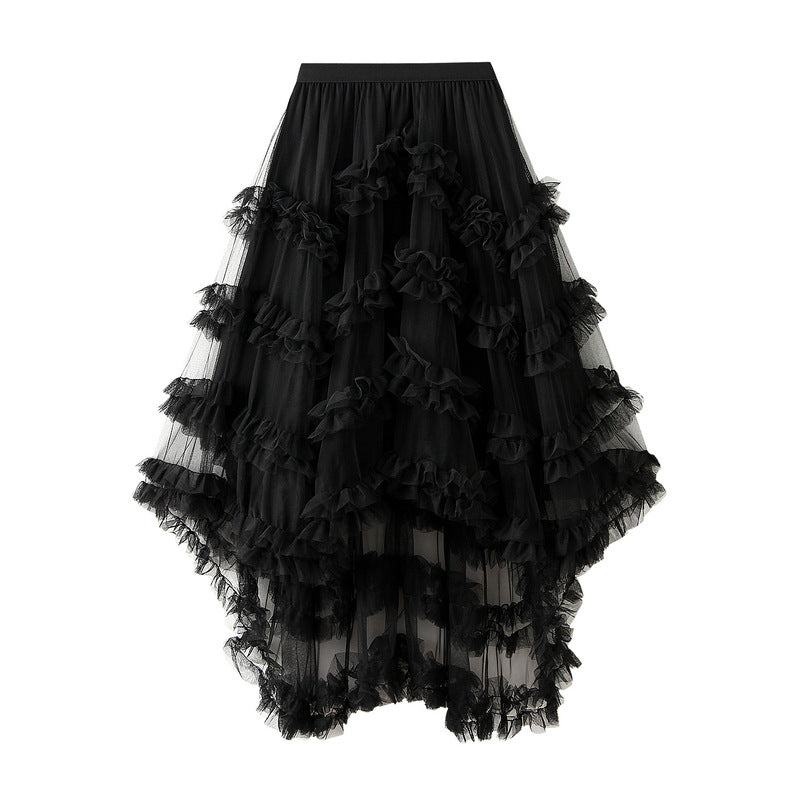 Elastic Waist Fairy Mesh Skirt Puffy Irregular Ruffled Tiered Dress