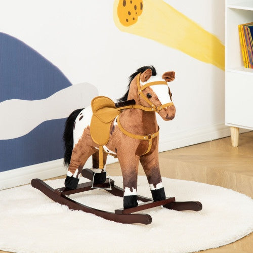 Qaba Kids Metal Plush Ride-On Rocking Horse Chair Toy With Realistic Sounds - Dark Brown White