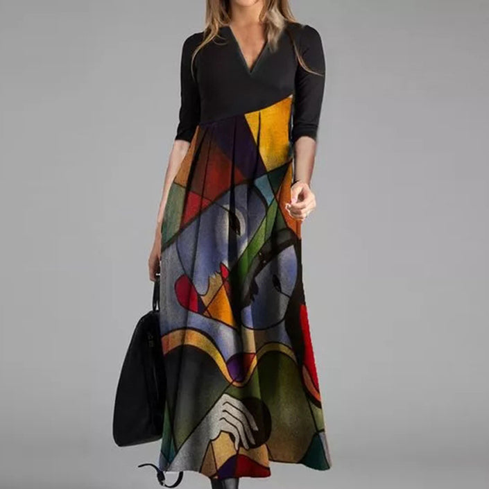 New Printed Cotton Long Dress Pullover Premium Classic Style Red Temperament Commute Mid-waist Clothing