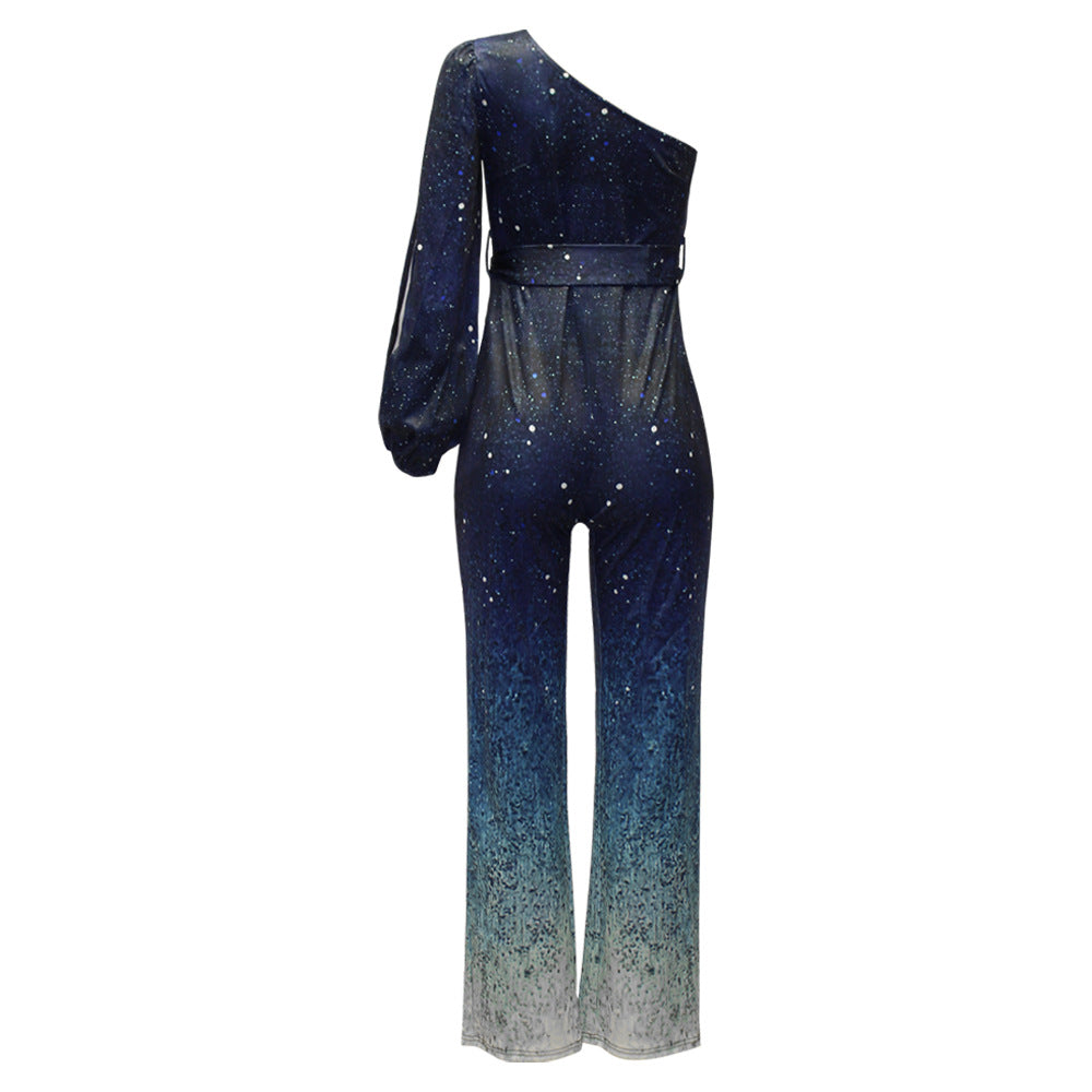 Women's Gradient Print Diagonal Collar Long Sleeve One-piece