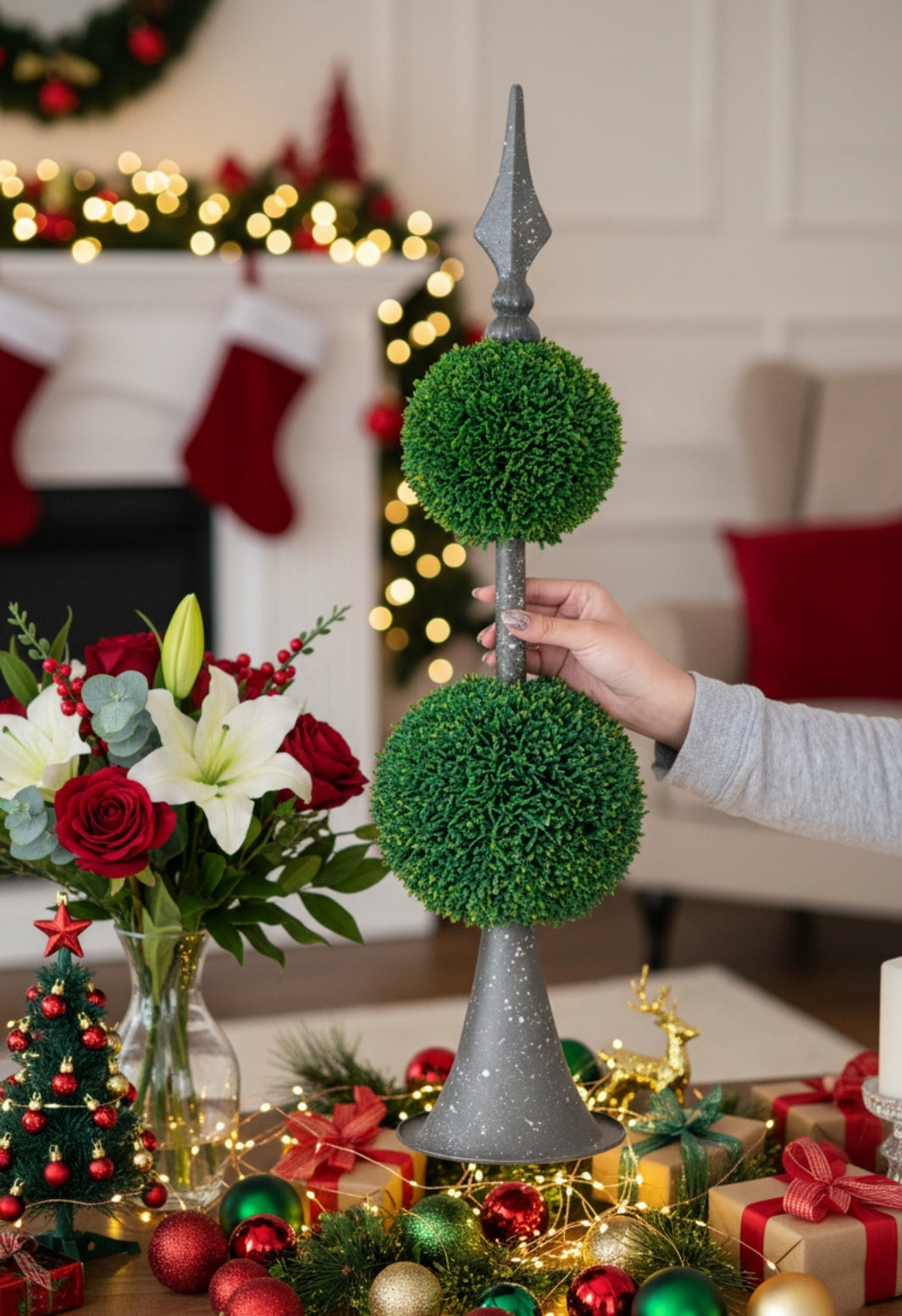 Artificial Tree Boxwood Topiary Two-Tier Natural Spheres D7x26.5in Artificial Plant Metal Stand Home Office Decor