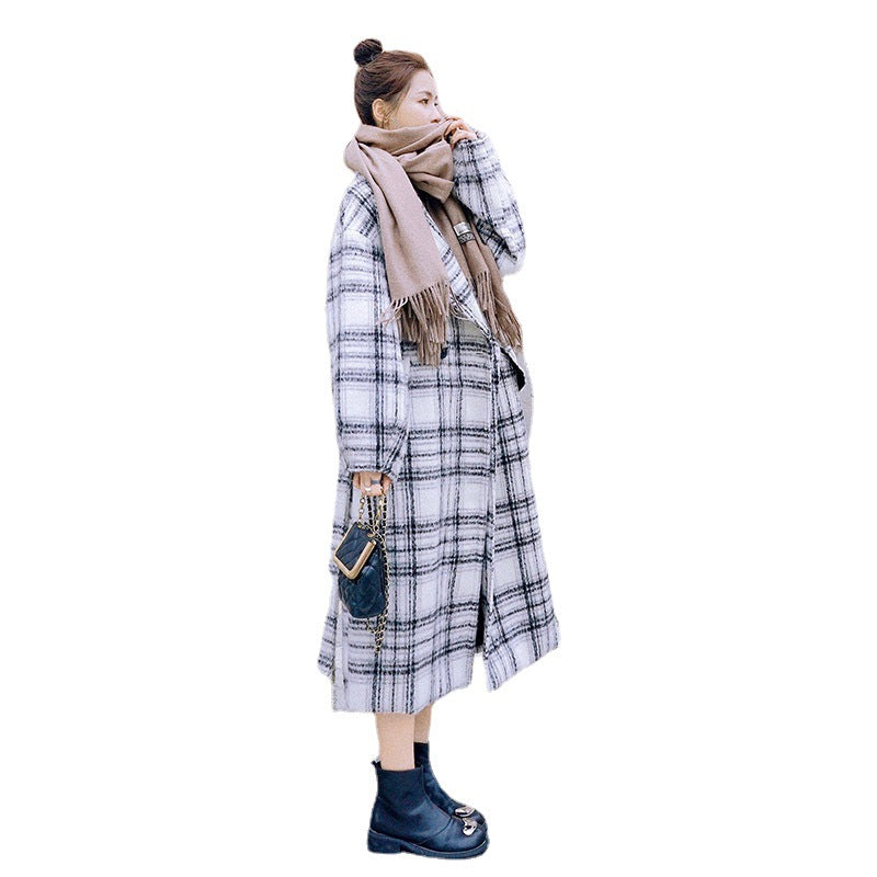 Women's Loose Retro Woolen Coat Mid-length Plaid Woolen Coat
