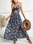 Floral Print Twist Front Cut Out Tie Backless Halter Dress Maxi Vacation Beach Outfits Women