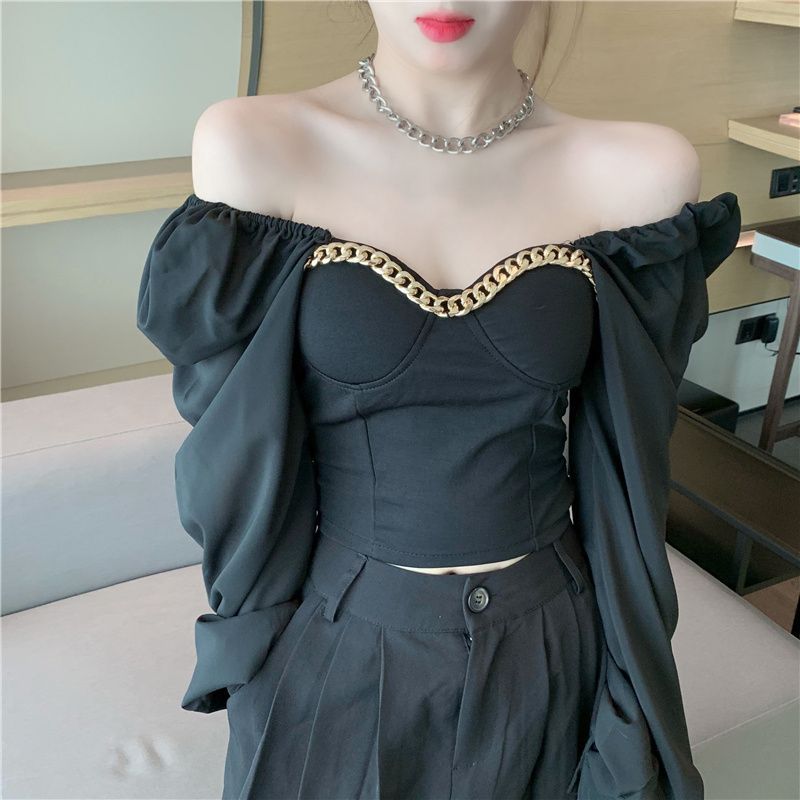French Heart Machine Off-shoulder Chain Square Collar Top