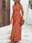 Floral Print Twist Front Cut Out Tie Backless Halter Dress Maxi Vacation Beach Outfits Women