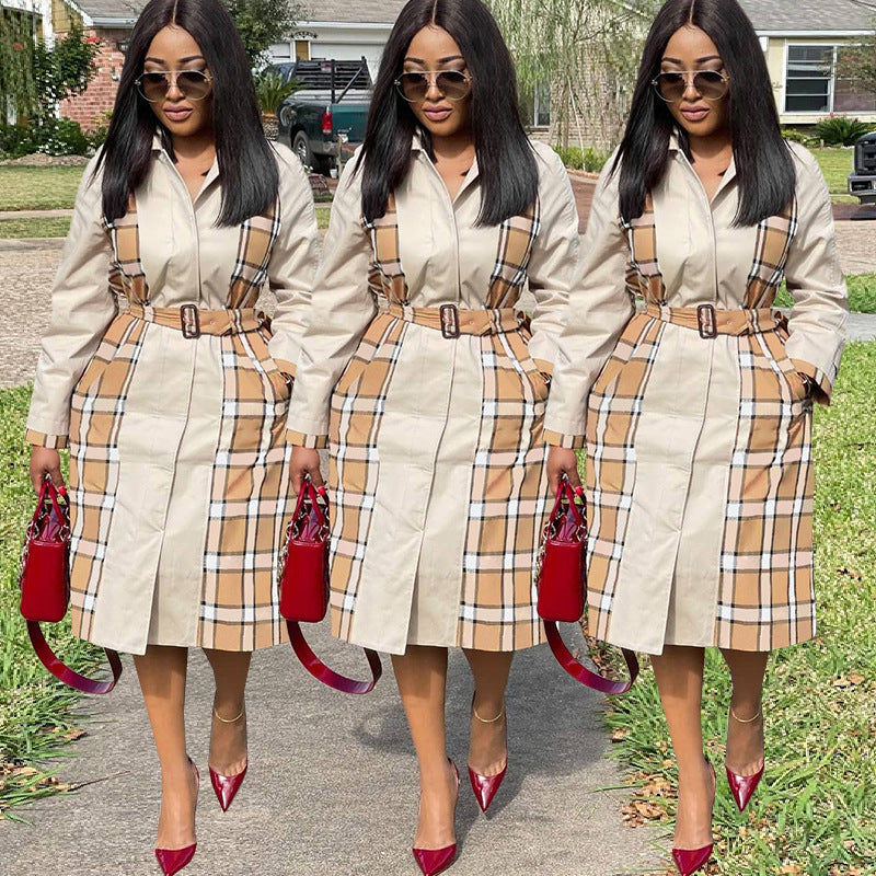 Fashion Casual Plaid Stitching Coat Trench Coat