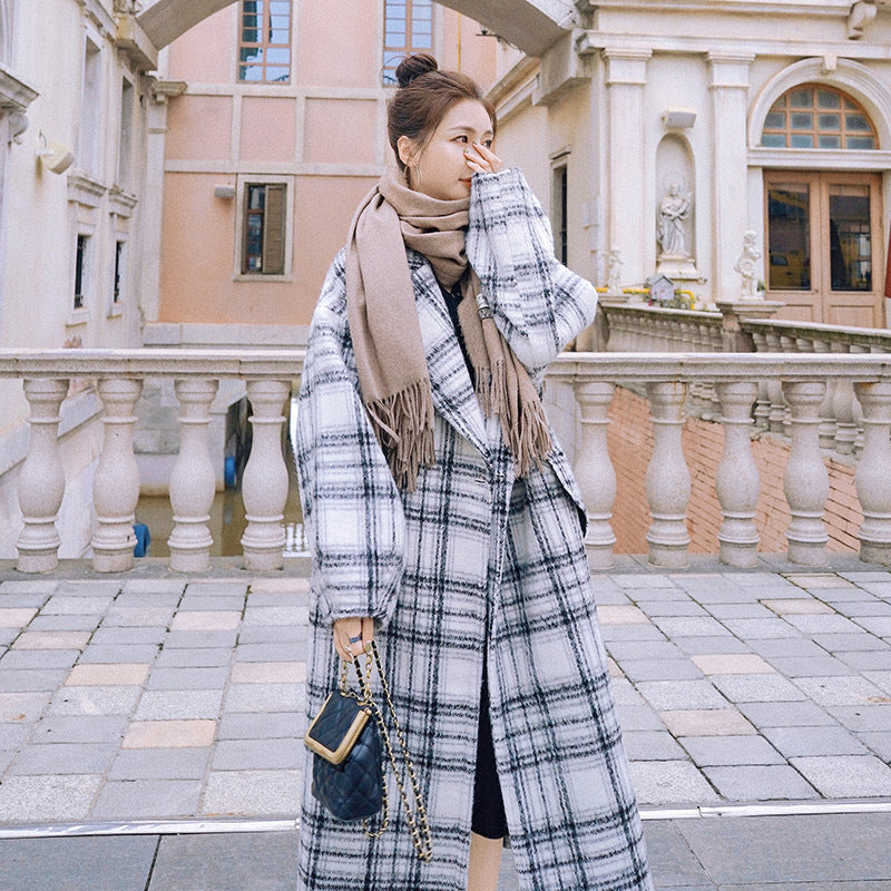 Women's Loose Retro Woolen Coat Mid-length Plaid Woolen Coat
