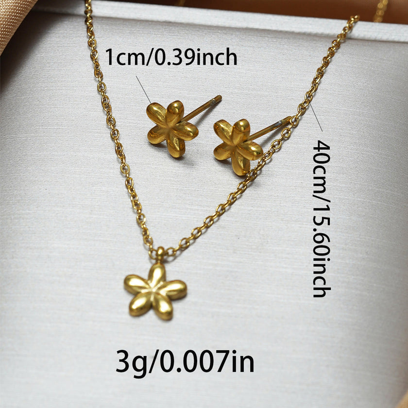 Lxalry 18K Gold Plated 5 Petal Floral Mirror Jewelry Set  Hypoallergenic Skin Safe Necklace   Stud Earrings For Daily Date Night  Never Fade Adjustable Luxury Gift
