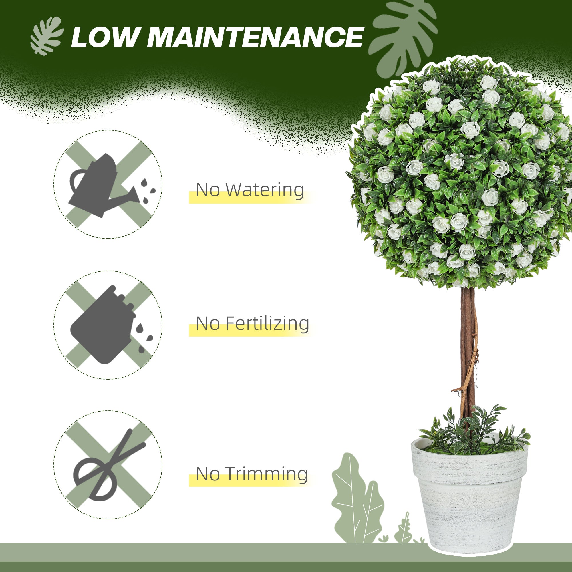Set Of 2 Decorative Artificial Plants, Ball Topiary Tree With Rose Flower In Pot, Fake Plants For Home Indoor Outdoor Decor, 60cm, White