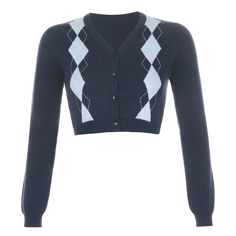 Diamond Jacquard V-Neck Cardigan Wool Long Sleeve Top For Women
