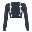 Diamond Jacquard V-Neck Cardigan Wool Long Sleeve Top For Women