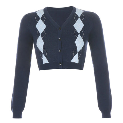 Diamond Jacquard V-Neck Cardigan Wool Long Sleeve Top For Women