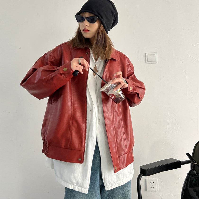 Short Loose Red Pu Coat For Women