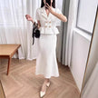 Classic Style Pure White V-neck Drill Buckle Dignified Hollow Knitted Dress