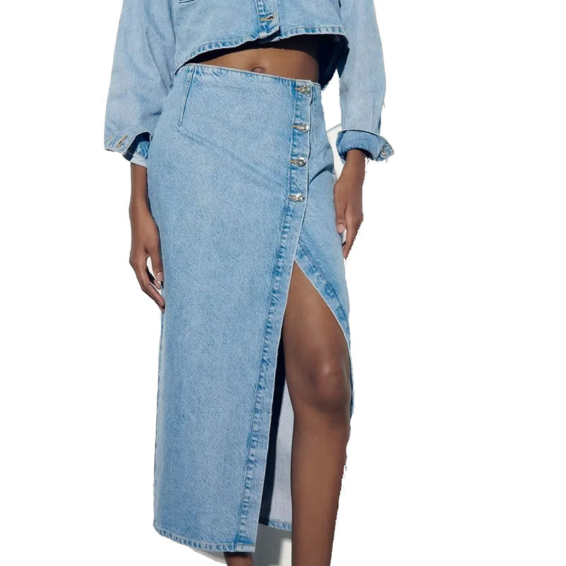 Summer Fashion High Waist A- Line Split Denim Skirt For Women