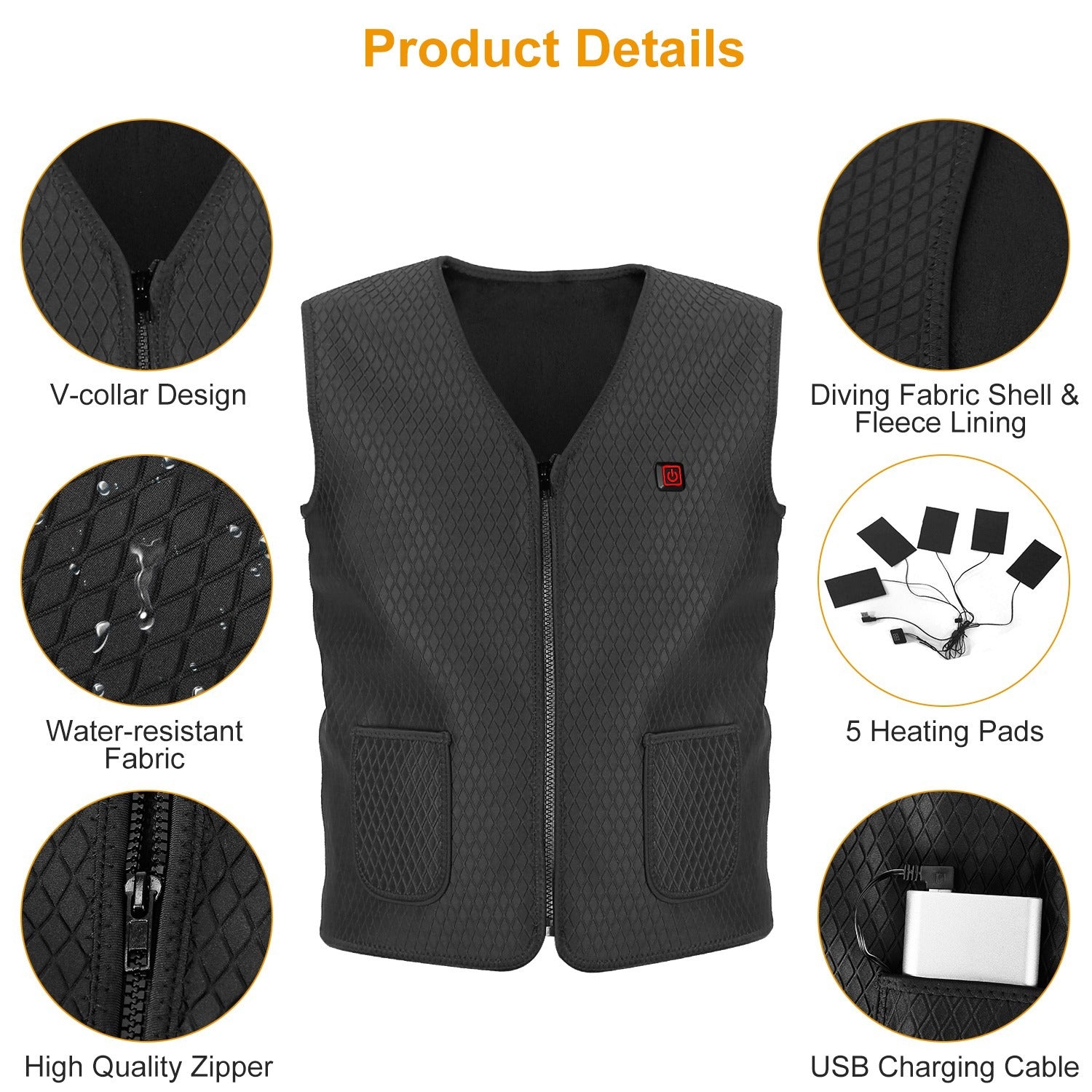 1Pc Heat Jacket Vest 3 Heating Gear Adjustable USB Heated Vest Warm Heat Coat Vest With 5 Heating Zones For Men Women Winter Outdoor Activity