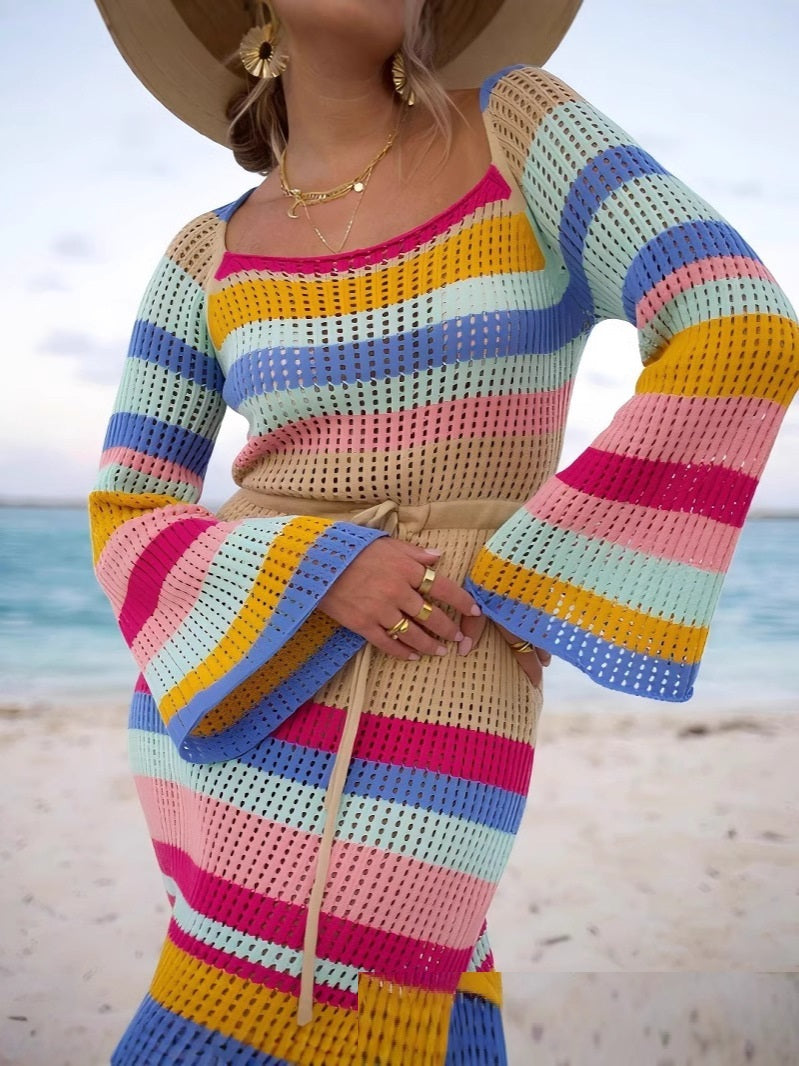 Sexy Beach Dress Striped Colored Pullover Knitted Dress