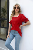 New Solid Color Square Collar Short Sleeve Smocking Loose T-shirt