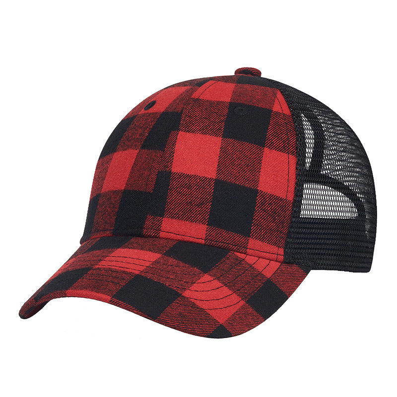 Women's Baseball Korean Style Wild Black And Red Plaid Curved Brim With Mesh Cap