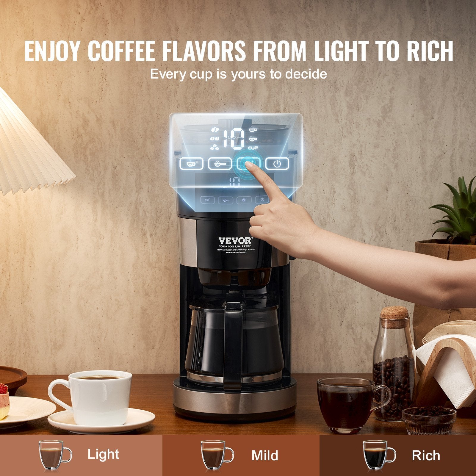 VEVOR 10-Cup Coffee Maker Drip Coffee Machine With 3 Brew Strength Control