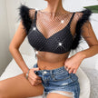 Women's Fashionable Slim-fit Diamond Super Shiny Ostrich Fur Rhinestone Fishnet Top
