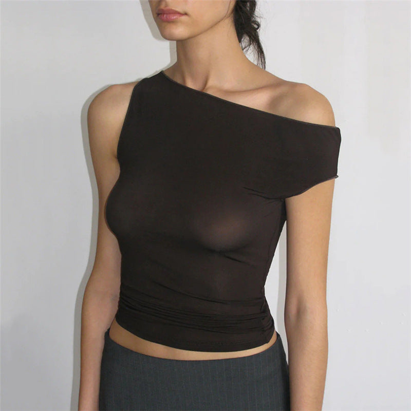 Women's Diagonal Collar Slim Fit Midriff-baring Solid Color Vest