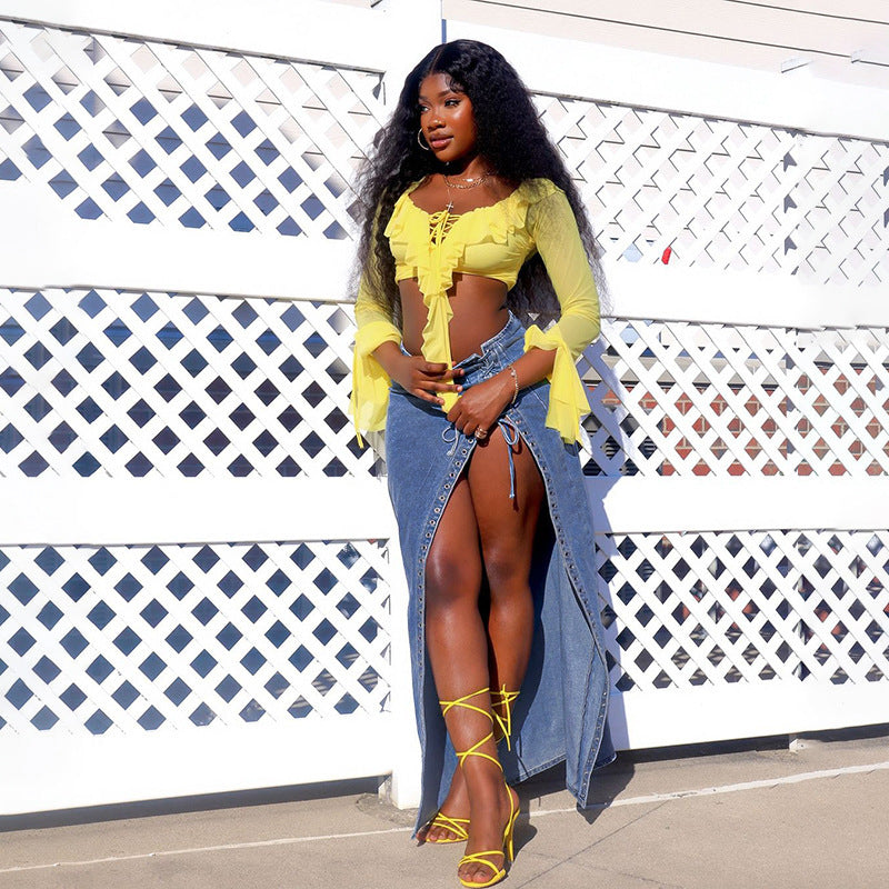 Women's Lace-up Split Sheath Denim Skirt