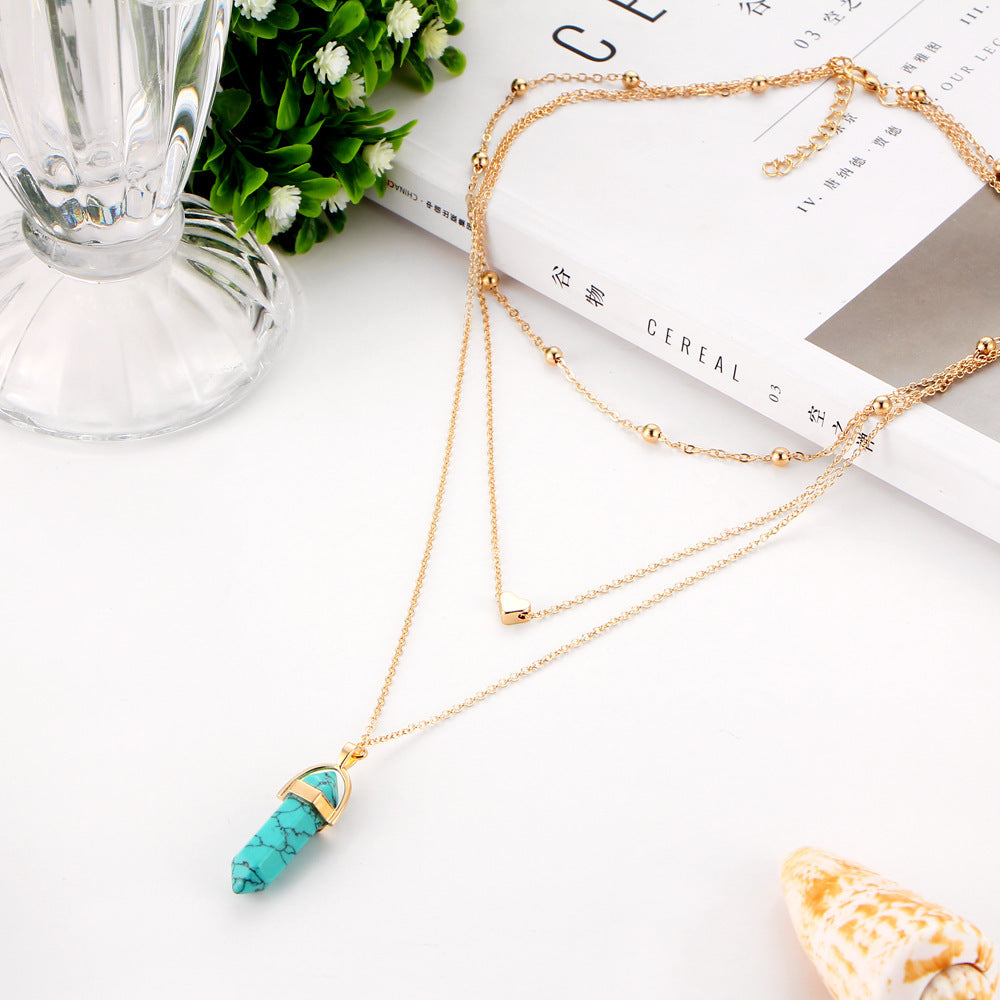 Fashion Copper Peach Heart Crystal Pendant Multi-layer Necklace