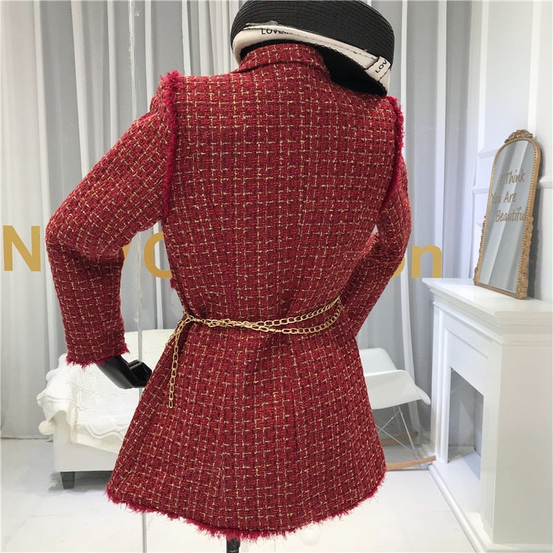 New Gold thread Plaid Suit Coat Women Notched Double breasted Feather Tassel Trim Slim Tweed Jacket With Free Belt bag
