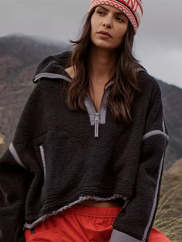 Style Contrast Color Half Zipper Lamb Wool Sweatshirt Women