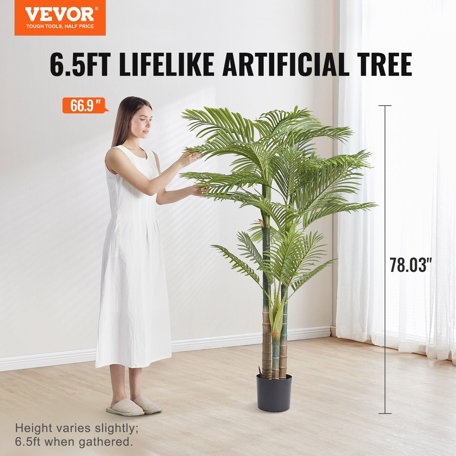 Artificial Gold Cane Palm Tree, 6.5 FT Tall Faux Plant, PE Material & Anti-Tip Tilt Protection Low-Maintenance Plant, Lifelike Green Fake Tree For Home Office Warehouse Decor Indoor Outdoor