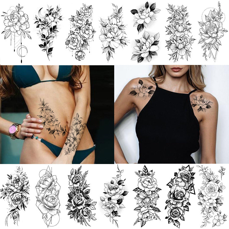 Black and white sketch flower tattoo stickers