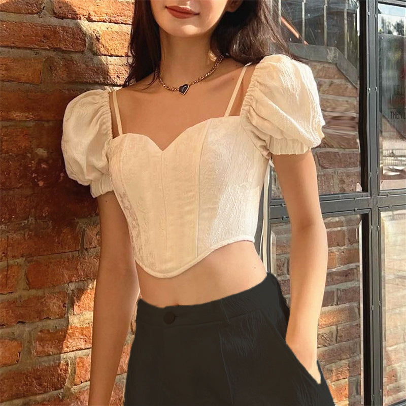 Summer French Style Square Collar Back Bow Puff Short Sleeve Top