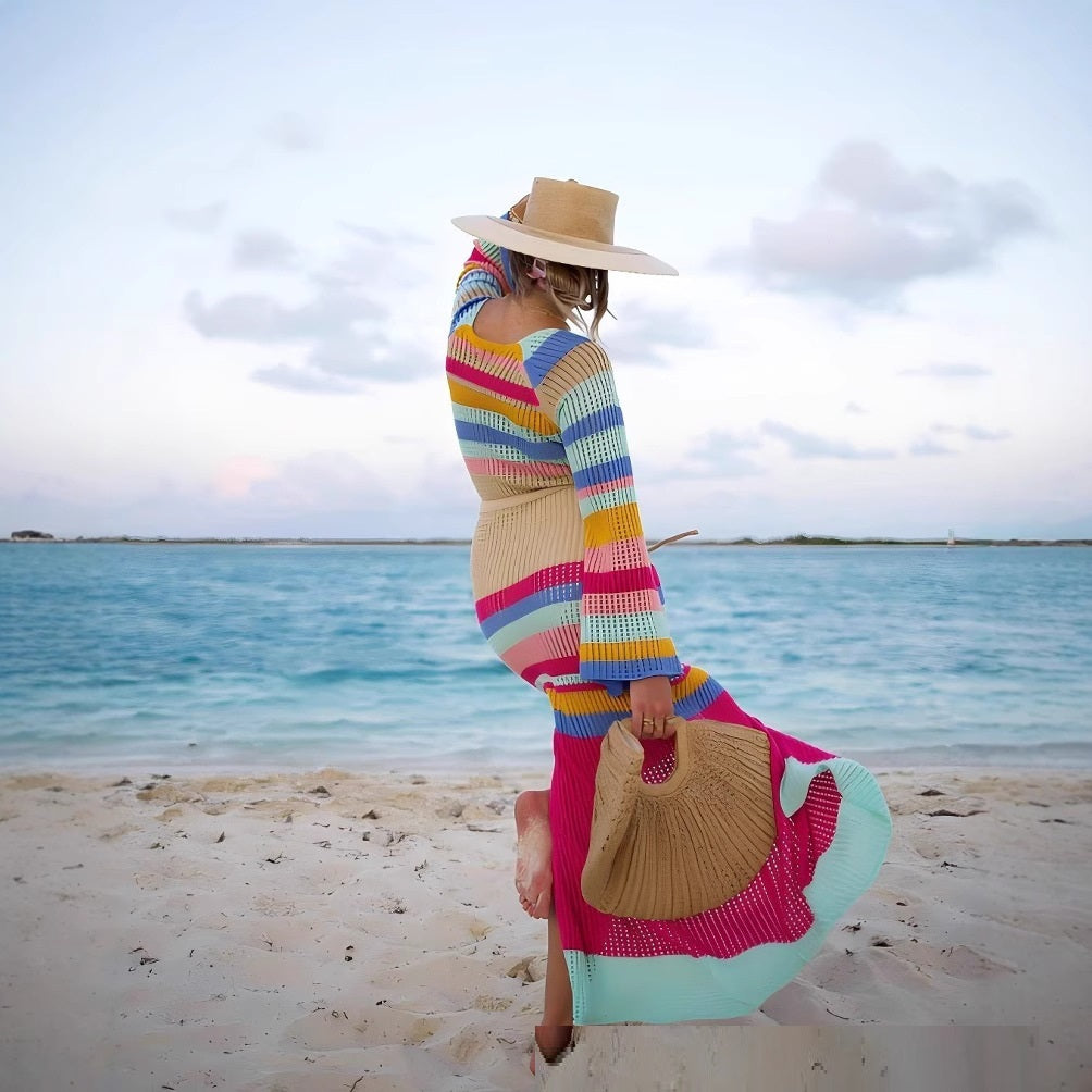 Sexy Beach Dress Striped Colored Pullover Knitted Dress