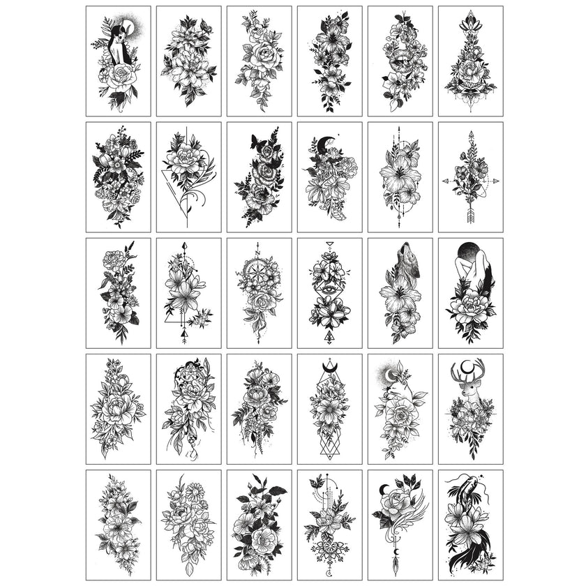 Sketch Flower Tattoo Sticker Black And White Scar Cover Up Rose Temporary Tattoo Sticker Package