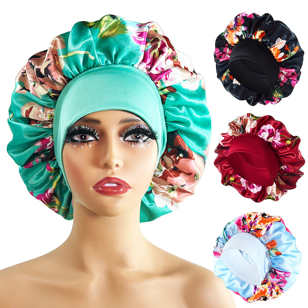Wide-brimmed Satin Nightcap Printed Round Cap Cross-border New Arrival Printed Home Hat Soft Shower Cap Plus-sized