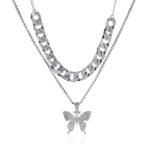 Alpcamers Double Layer Cuban Necklace Full Of Diamonds With Large Butterflies