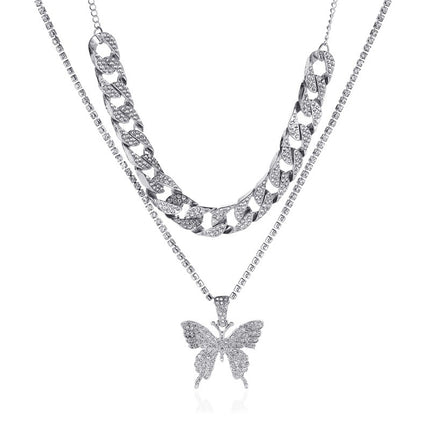 Alpcamers Double Layer Cuban Necklace Full Of Diamonds With Large Butterflies