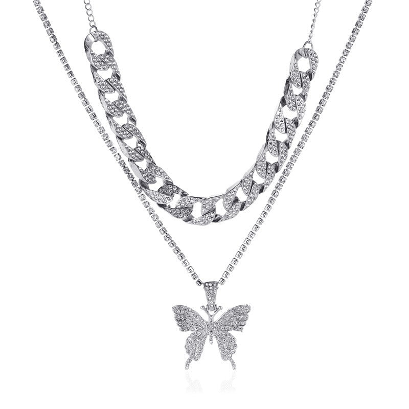 Alpcamers Double Layer Cuban Necklace Full Of Diamonds With Large Butterflies