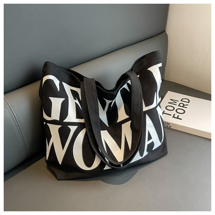 Large Capacity Canvas Bag Women Letter Printed Shoulder Travel Simple Handbags Travel Casual Daily Shopping Bags Totes